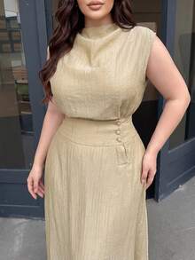 Feyla Plus Size Women Solid Color Short Sleeve Top And Skirt Casual Everyday 2-Piece Set - Khaki - View 6