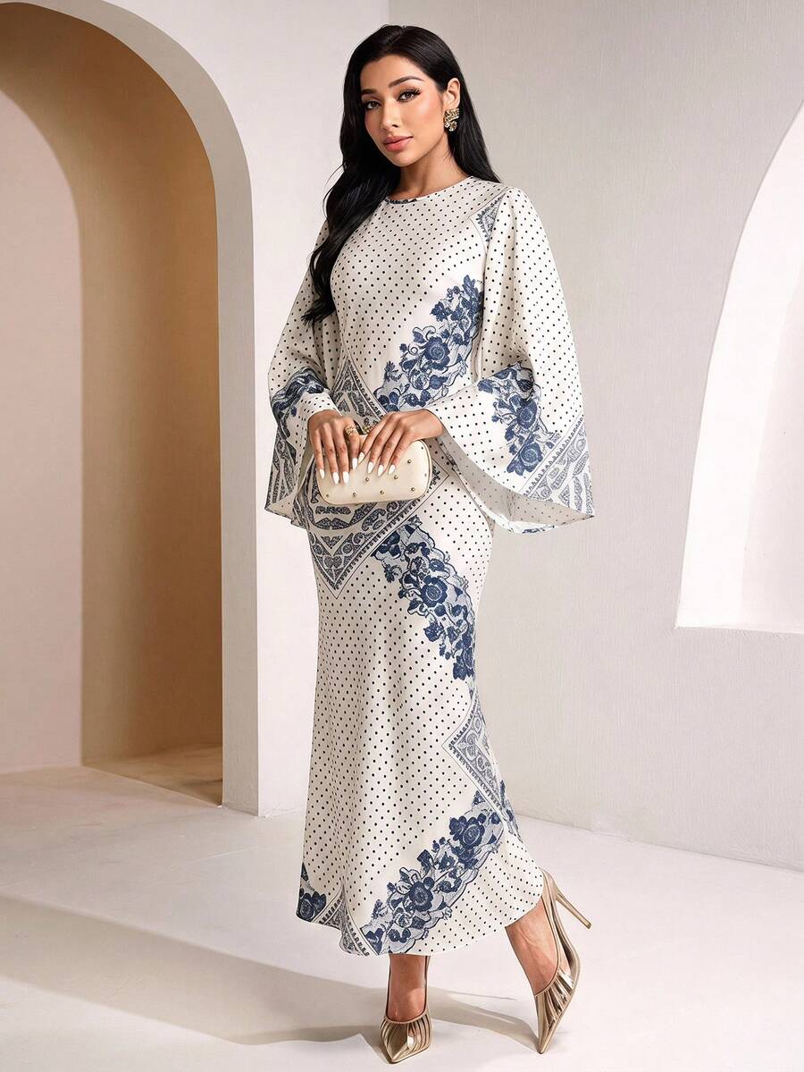 Veilorie 女款波點與花卉印花喇叭袖阿拉伯風洋裝 - 彩色 - 查看 1