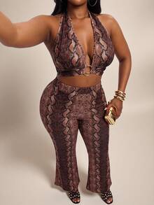 Radiana Plus Size Women's Fashion Sexy 2-Piece Set: Ring Design Snake Print Halter Deep V-Neck Top + Matching Flare Pants Set, Suitable For Party, Daily Wear - Multicolor - View 1