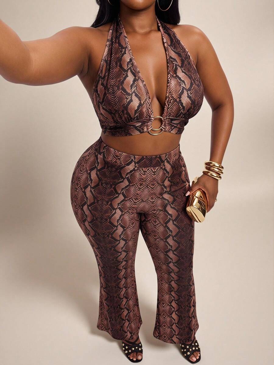 Radiana Plus Size Women's Fashion Sexy 2-Piece Set: Ring Design Snake Print Halter Deep V-Neck Top + Matching Flare Pants Set, Suitable For Party, Daily Wear - Multicolor - View 1