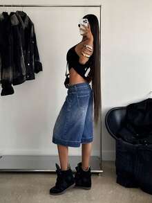 StreetHx Fashion Casual Street Style Rolled Cuff Drawstring Low Waist Denim Capris - Medium Wash - View 2