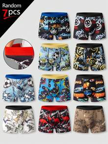 SHEIN [7件隨機] 青少年男童四角內褲，包含黑色、藍色、白色和棕色等多色組合。此系列展現酷炫街頭風塗鴉、卡通恐龍和活力運動圖案印花。輕量針織材質，柔軟舒適平滑。現代時尚日常內著，適合四季百搭穿著。 - 彩色 - 查看 1