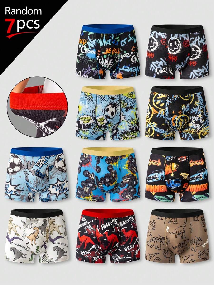 SHEIN [7件隨機] 青少年男童四角內褲，包含黑色、藍色、白色和棕色等多色組合。此系列展現酷炫街頭風塗鴉、卡通恐龍和活力運動圖案印花。輕量針織材質，柔軟舒適平滑。現代時尚日常內著，適合四季百搭穿著。 - 彩色 - 查看 1
