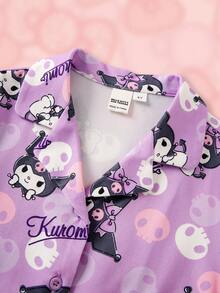 HELLO KITTY AND FRIENDS | SHEIN 女童卡通印花短袖單排扣上衣與短褲家居服 - 紫色 - 查看 4