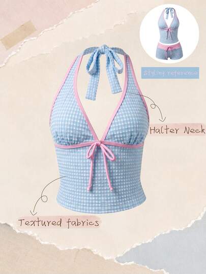 Elavelle Women's Spring/Summer Jacquard Fabric Spaghetti Strap Bikini Top