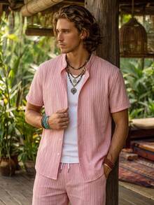 Alderstead Men's Plus Size Summer Pink Casual Solid Color Short Sleeve Shirt And Shorts Set,Beach Party Pool Holiday Vacation Hawaii Tropical Swim Bathing Outfit - Pink - View 4