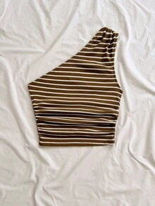 Soleia Sexy Casual One Shoulder Ruched Striped Sleeveless Top - Coffee Brown - View 5
