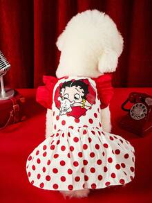 Betty Boop X PETSIN 1件可愛紅白波點復古卡通印花荷葉邊肩帶休閒洋裝，適合小型犬貓，適合室內派對或陽光戶外散步 - 波點 - 查看 2