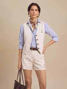 Nima Coro Áo vest không tay cổ V xẻ trước thêu họa tiết, vải linen lyocell màu trắng ngà, phong cách thanh lịch preppy cổ điển tối giản, dành cho nữ công sở, đi làm, đi chơi, du lịch và mặc hàng ngày - Màu be - Xem 12