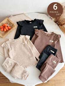 SHEIN Baby Girl Knitted Solid Color Letter Patchwork Ruffle Hem Casual T-Shirt And Long Pants 6-Piece Set, Fleece Lined Brushed Thick Fabric, Suitable For Winter - Multicolor - View 6