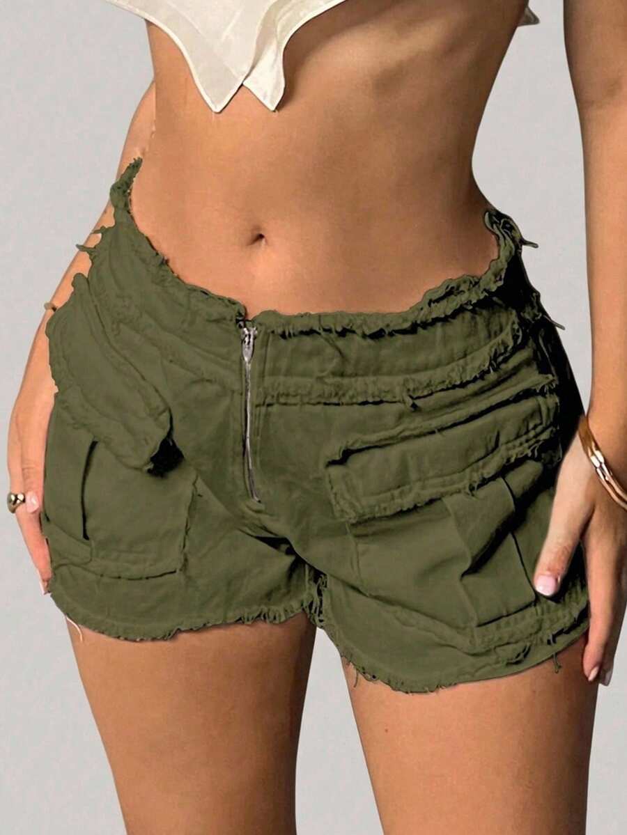 SHEIN ICON 拉鏈門襟翻蓋口袋毛邊緣工裝短褲 - 軍綠色 - 查看 1