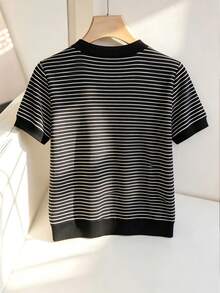 SHEIN Women's Elegant Classic Black And White Striped Knit Contrast Color Short Sleeve Small Stand Collar New Chinese Style Frog Button T-Shirt, Suitable For Dating, Daily Life, Gathering, Outdoor, Commute, Street And Home Occasions, Graduation Season, Fashion Casual Commute Wear, Business Office Wear, Daily Casual Wear, Urban Teacher Professional Wear. - Black - View 2