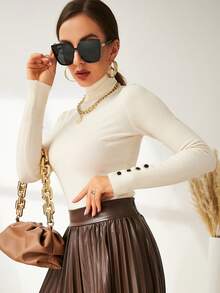 NOVVYNE Turtleneck Buttoned Cuff Jumper - Apricot - View 4
