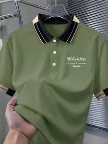 Calvornis 男士珠飾刺繡羅紋領短袖休閒 Polo 衫 - 橄欖綠 - 查看 1