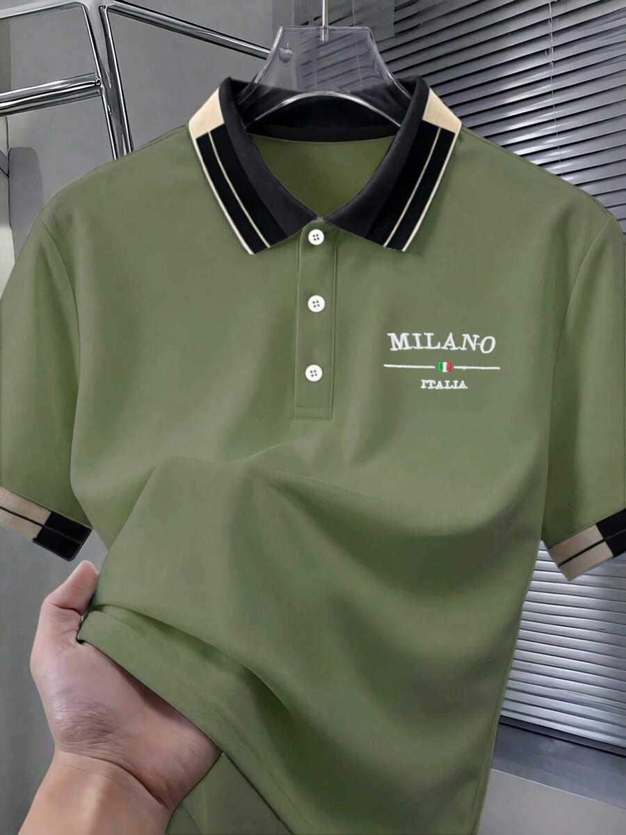 Calvornis 男士珠飾刺繡羅紋領短袖休閒 Polo 衫 - 橄欖綠 - 查看 1