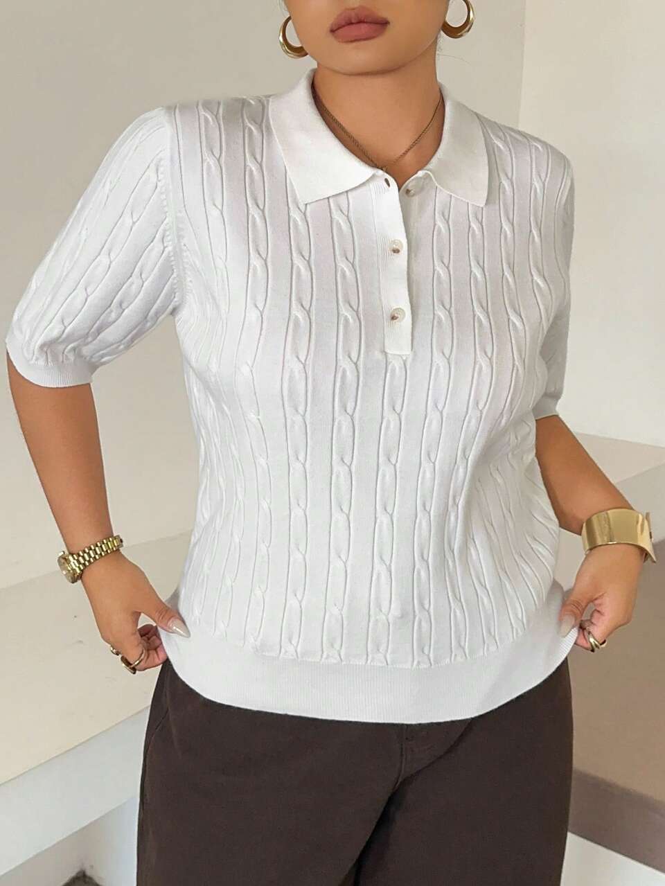 Dazy Plus Solid Color Casual Half-Open Front Loose Short Sleeve White Spring Summer Autumn Knit Top