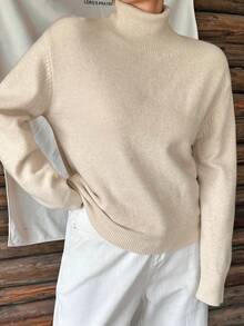 Dazy Plus Solid Color Casual Loose High Neck Versatile Autumn/Winter Long Sleeve Apricot Pullover Sweater - Apricot - View 6