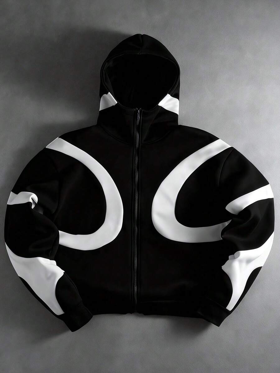 Manfinity Homme Men's Young Patchwork Colorblock Plus Size Hoodie - Black and White - View 1