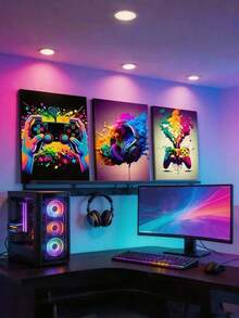3Pcs Gaming Controller Canvas Wall Art – RGB Headphone Gamer Posters, Modern Video Game Room Decor, Gift For Boys Men Teens (Unframed) - multicolor - View 5