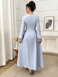 Yasmyna Women's Embroidered Mesh Patchwork Criss-Cross Tie Waist Arabian Dress - Blue - View 4