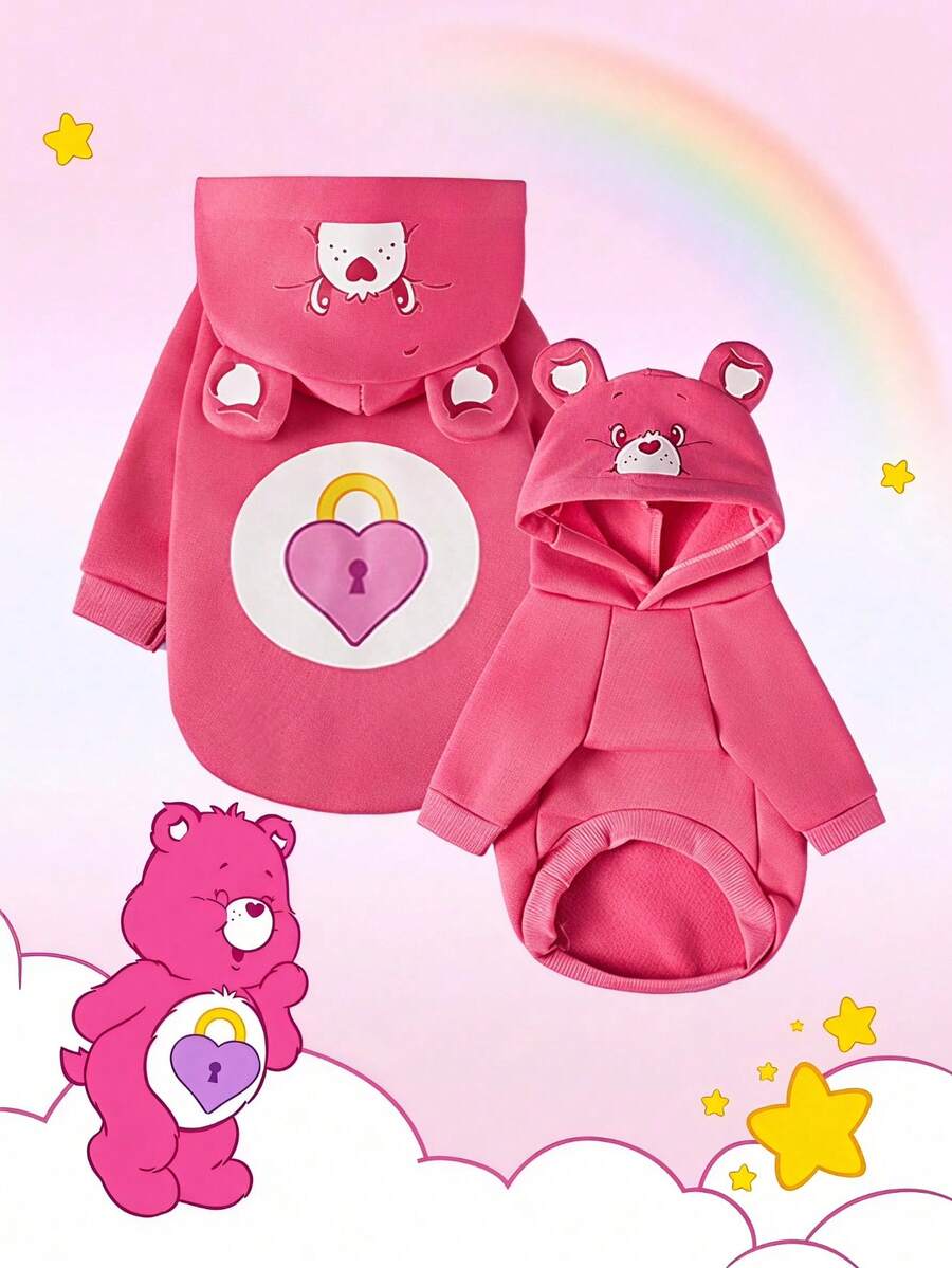 Care Bears X PETSIN 1件玫瑰紅可愛熊臉愛心鎖印花寵物連帽衫附帽子,厚實保暖適用秋冬,情人節完美選擇,讓您的貓或狗溫馨可愛,適合寒冷天氣散步或在家依偎 - 玫紅色 - 查看 1