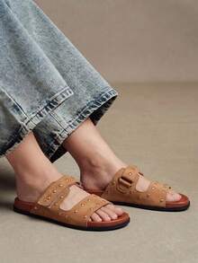 Solecia Women's Shoes Summer New Rivet Double Broadband Design Open-Toed Flat Bottom Comfortable Casual  Women's Slippers Shopping Coffee Date Wear - Brown - View 10