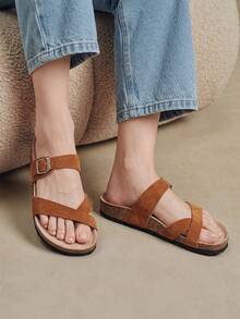 Solecia Women's Adjustable Buckle Casual Beach Slippers For Christmas Summer Shoes - Camel flannel - View 4