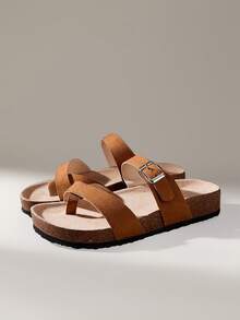 Solecia Women's Adjustable Buckle Casual Beach Slippers For Christmas Summer Shoes - Camel flannel - View 8
