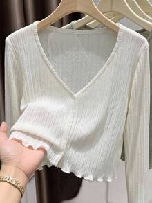SHEIN 少女純色長袖單排扣休閒針織開襟衫 - 白色 - 查看 8