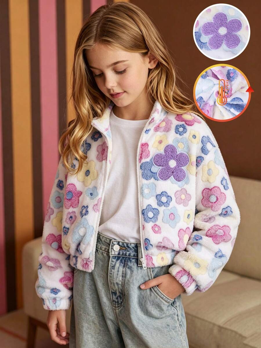 Tween Girls Red Long Sleeve 1pc Tween Girls' Stand Collar Zipper Front Fur Trim Jacket With All-Over Floral Pattern, Casual Jacket Top, Autumn/Winter - White - View 1