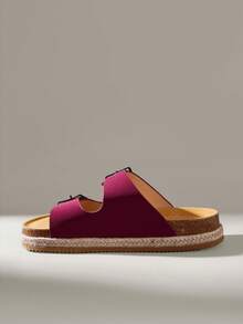 Solecia Sandal Musim Panas Wanita Terbaru dengan Sol Tali Rami, Model Slip-On dengan Hiasan Gesper Sabuk, Sandal Pantai Modis - Burgundy - View 5