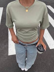 Muchica Women's Knit All-Match Fashion Versatile Batwing Sleeve T-Shirt - Olive Green - View 5