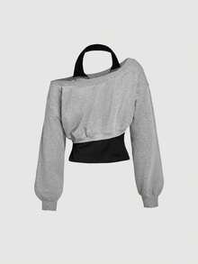 SHEIN MOD 女款字母與數字印花 2 合 1 拼接休閒日常掛脖衛衣 - 彩色 - 查看 2