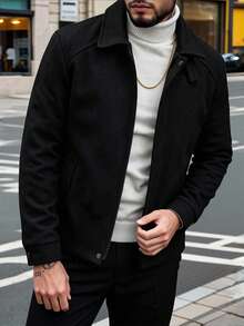 Manfinity CasualCool Men's Solid Color Turn Collar Casual Versatile Daily Travel Long Sleeve Jacket - Black - View 1