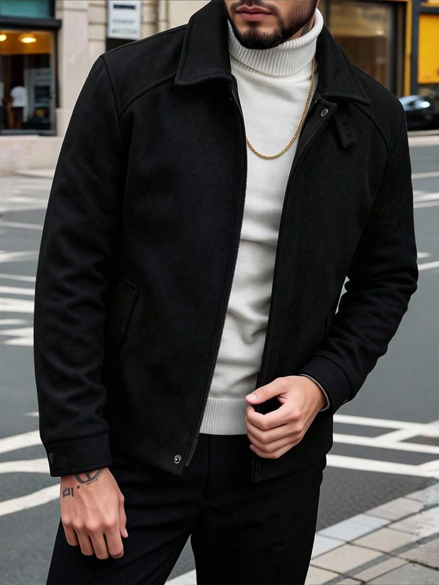 Manfinity CasualCool Men's Solid Color Turn Collar Casual Versatile Daily Travel Long Sleeve Jacket - Black - View 1