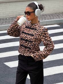 Muchica Leopardenmuster Stehkragen Napoleon Knopf Jacke für Frauen Lässig Western Rave Elegant Streetwear Nachtausgang Party Oberbekleidung Mantel Halloween Halloween - Braun - Übersicht 3