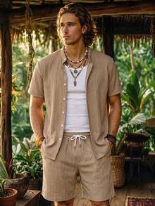 Genlund Men's Plus Size Textured Single-Breasted Short Sleeve Shirt And Pocket Drawstring Waist Beach Shorts Set Holiday / Vacation / Beach / Hawaii / Tropica - Khaki - View 5