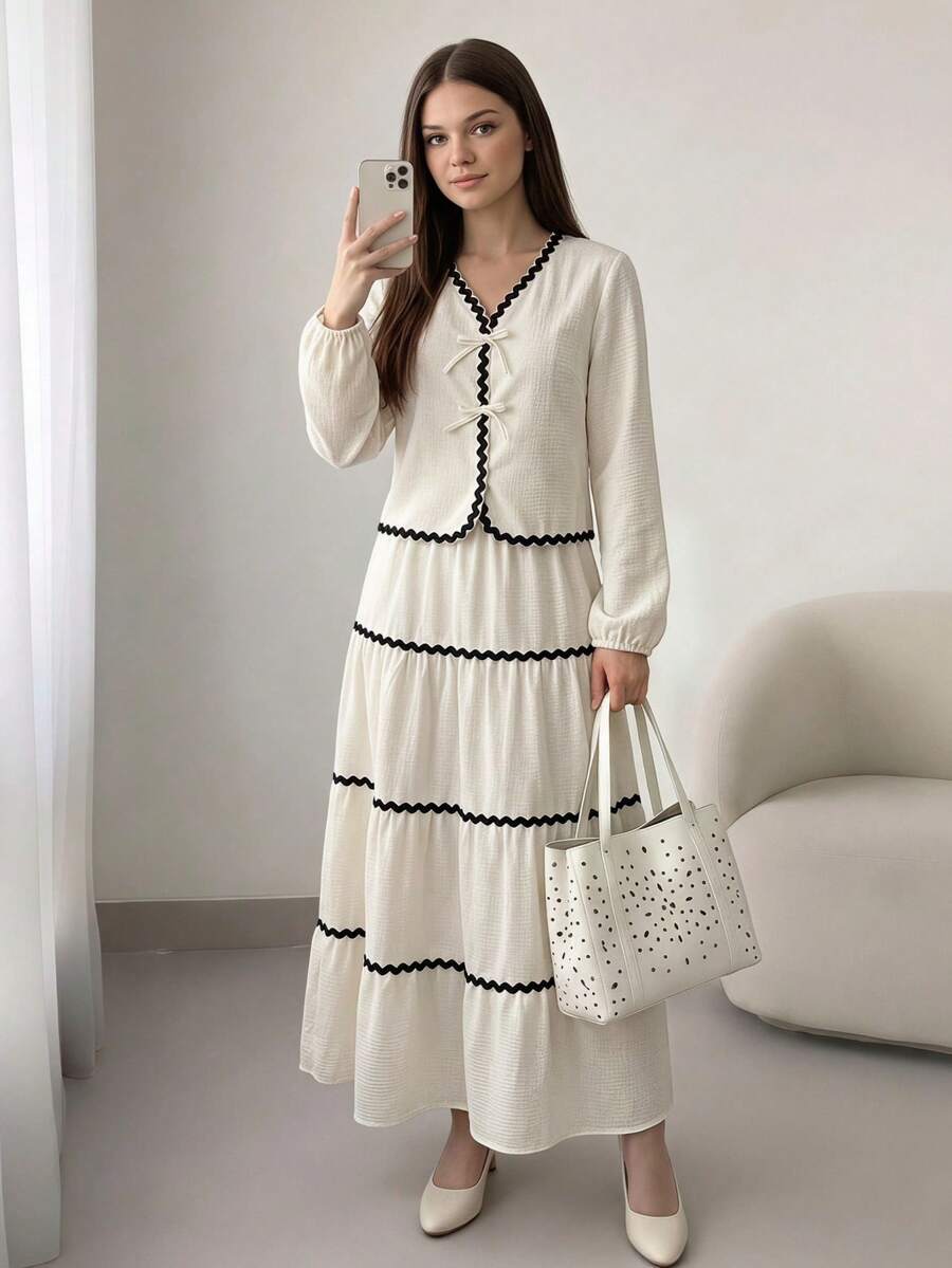 SHEIN 青少年女孩秋季套裝 2件/組 黑白正式派對禮物休閒可愛少女風 皺褶夾克搭配百褶中長裙