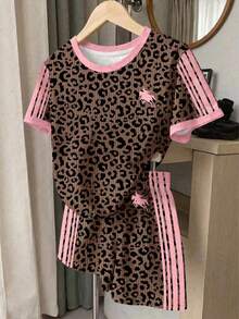 (1 Random Item From 3) Girls' Fashion Pony Pink Striped Leopard Print Colorblock Bow Polka Dot Strawberry Pattern Basic Short T-Shirt And Shorts - Multicolor - View 3