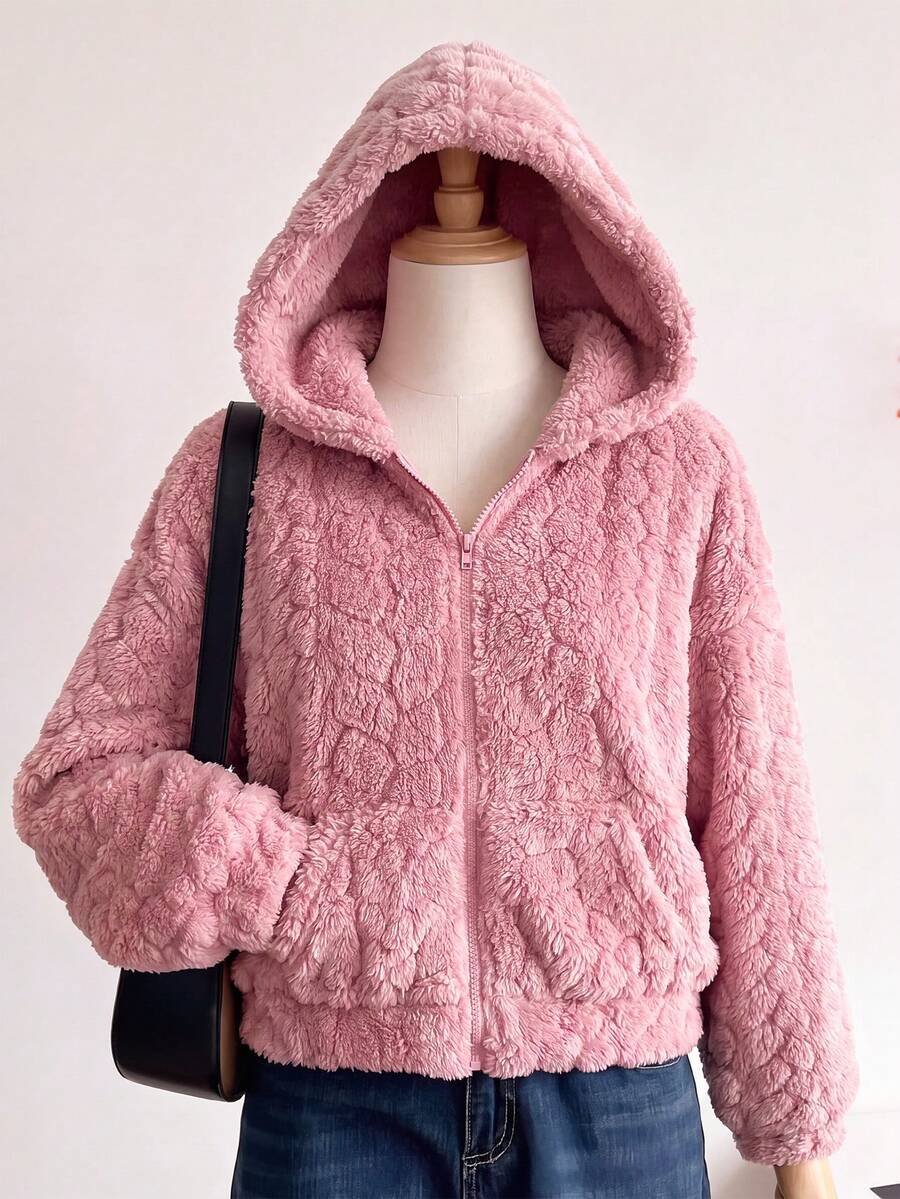 SHEIN جاكيت فرو ناعم ومريح بنقشة القمح، كاجوال وعصري للفتيات المراهقات، للخريف والشتاء - وردي - مشاهدة 1
