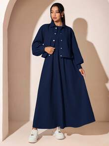 Veilorie Women's Solid Color Pleated Dress And Long Sleeve Cardigan Casual Daily 2-Piece Set - Navy Blue - View 4