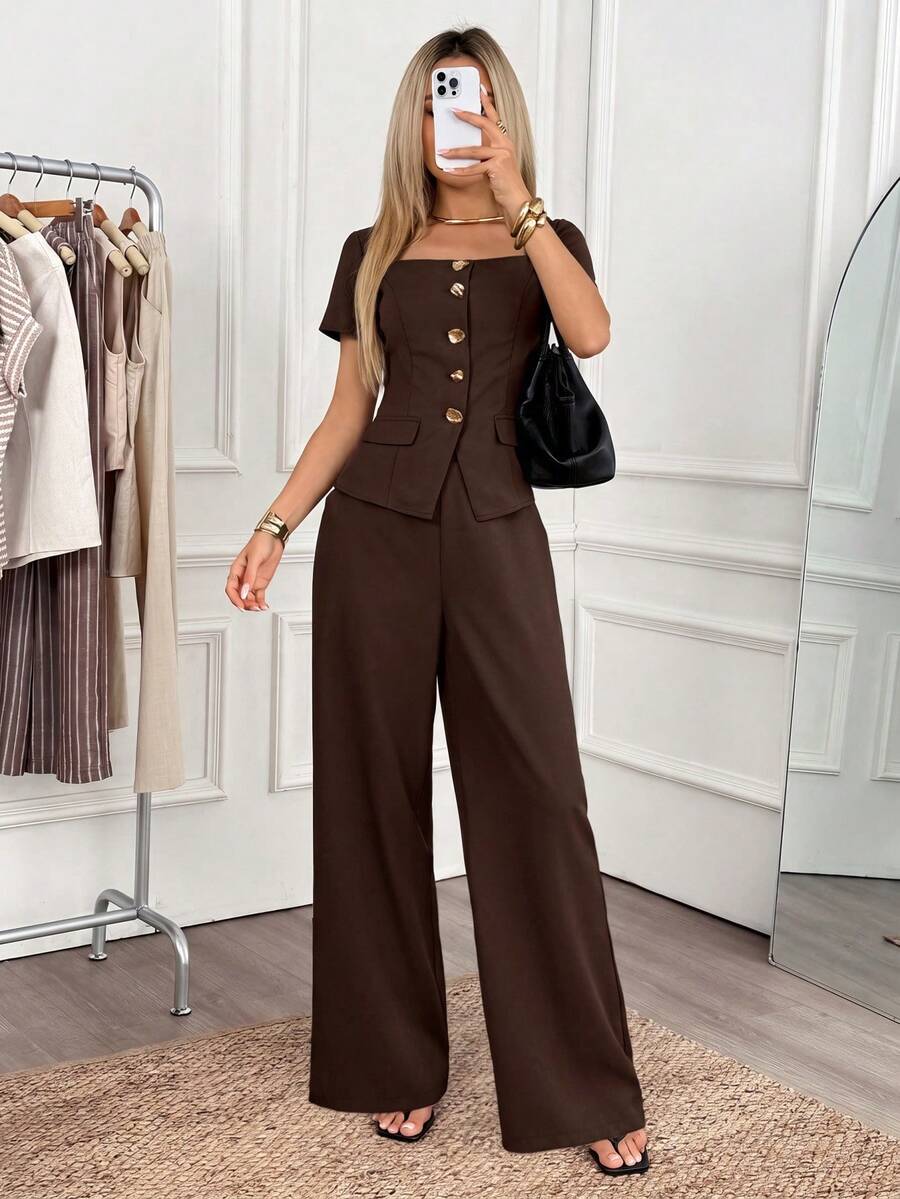 Easowa 女款純色單排扣短袖襯衫與長褲休閒優雅兩件套，適合辦公商務、早午餐、日常與派對，深棕色夏季款 - 棕色 - 查看 1
