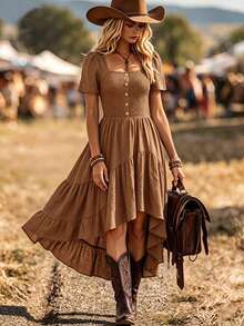 LanaWest Women's Solid Color Pleated Casual Daily Summer Dress - Chocolate Brown - View 1