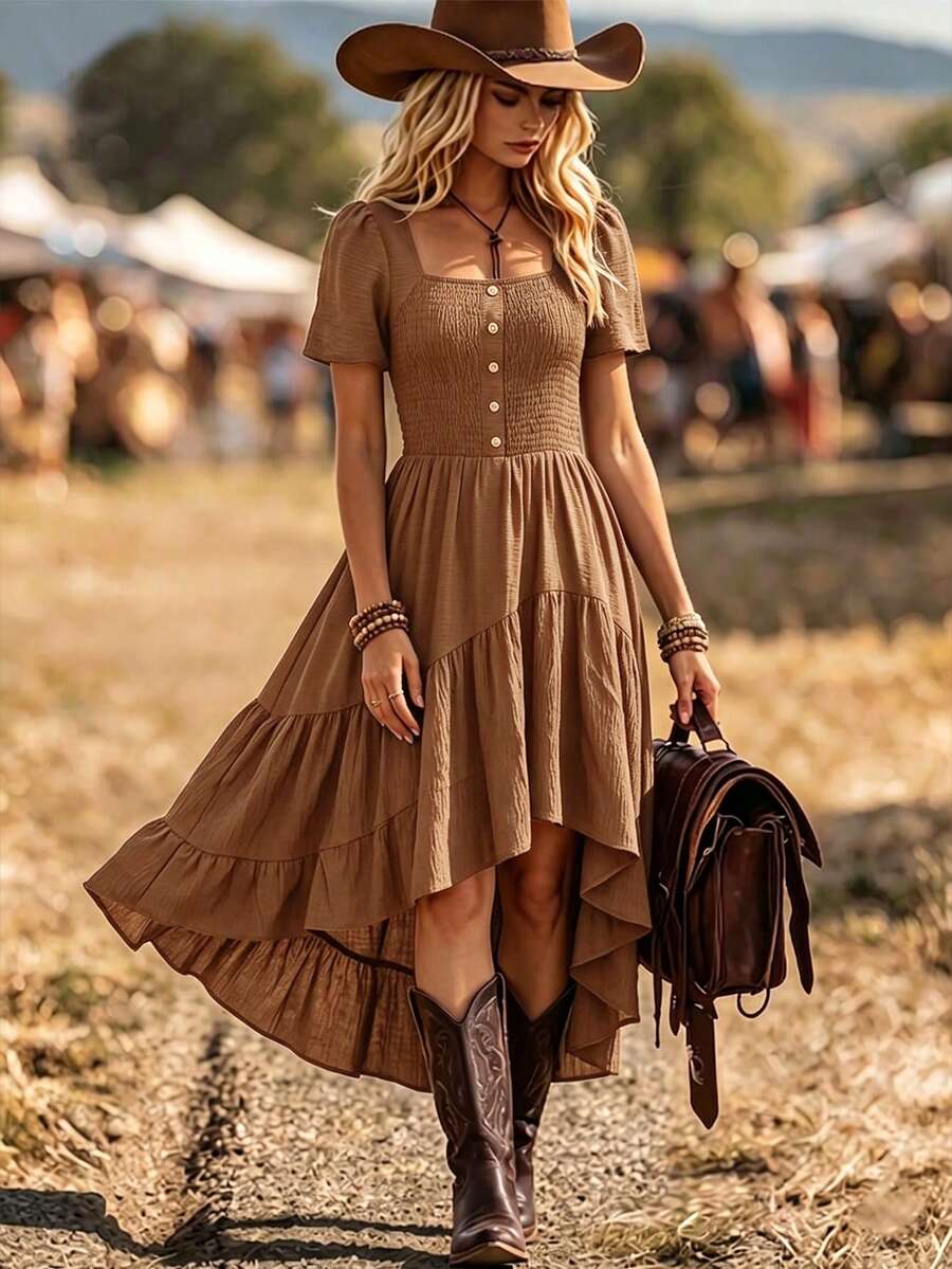 LanaWest Women's Solid Color Pleated Casual Daily Summer Dress - Chocolate Brown - View 1