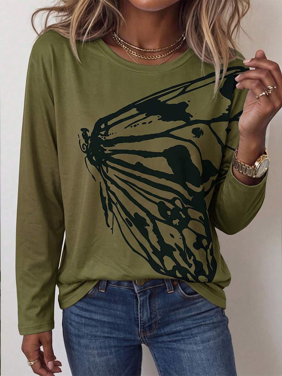 SHEIN Clasi Kaos Wanita Fashion Warna Hijau Army Motif Kupu-kupu Leher Bulat Lengan Panjang Rajut - Hijau Tentara - View 1