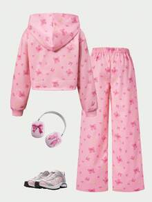Casuvi Kids 女童兩件式運動衫套裝，休閒基礎百搭趣味卡通圖案滿版印花針織連帽短版落肩套頭運動衫，搭配梭織滿版印花同色寬鬆直筒長褲，適中厚度，適合春秋日常休閒運動與戶外度假穿著 - 粉色 - 查看 2