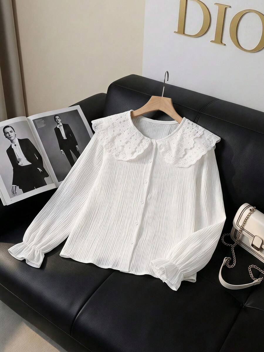 SHEIN 青少年女孩秋季上衣 1件 春/秋新款休閒可愛優雅返校服裝 上衣 茶會白色 - 白色 - 查看 1