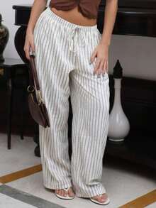 juhmazzocco Loose Blue And White Stripe Wide-Leg Pants With Front Tie, Casual Wear Vacation Autumn - Beige - View 6
