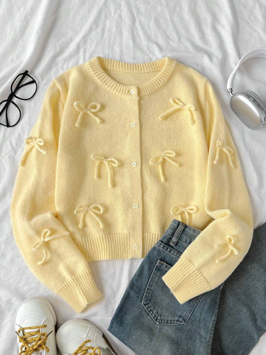 SHEIN Teen Girl Teen Girls Cardigans Autumn/Winter Pale Yellow Bow Decor Casual Solid Color Round Neck Long Sleeve Loose Short Open Front Sweater - Yellow - View 1