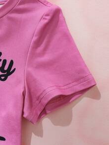 HELLO KITTY AND FRIENDS | SHEIN 女嬰字母印花短袖T恤與短褲休閒套裝 - 粉色 - 查看 5